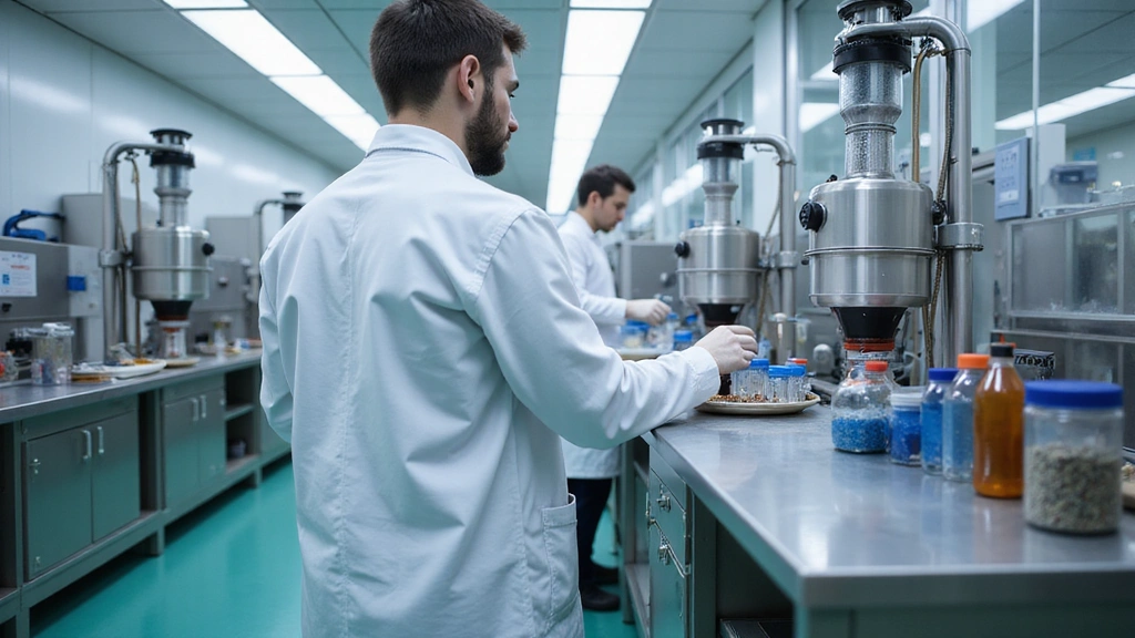 A clean and modern manufacturing facility with advanced machinery and technicians in lab coats, demonstrating Dermaqavion's meticulous production process.