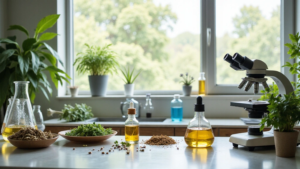 A serene laboratory setting with natural light, showing scientific equipment and botanical ingredients, representing Dermaqavion's research and development process.