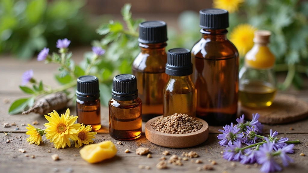 A beautiful macro shot of various natural ingredients like essential oils, herbs, and flowers, arranged elegantly on a wooden surface, symbolizing the power of natural quality.