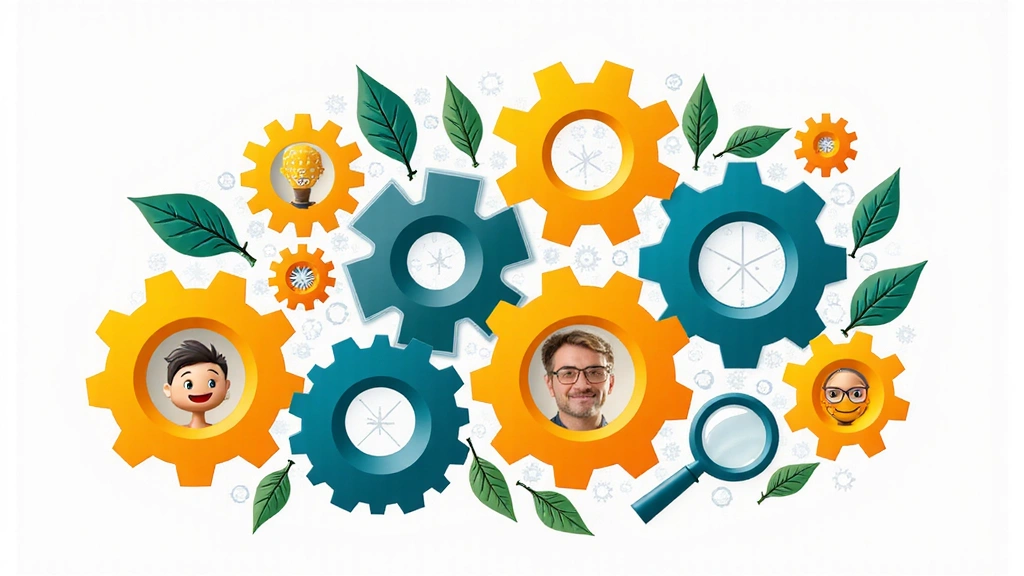 A vibrant image symbolizing Dermaqavion's core values: integrity, quality, innovation, customer focus, sustainability, and transparency, represented by interlocking gears and natural elements.