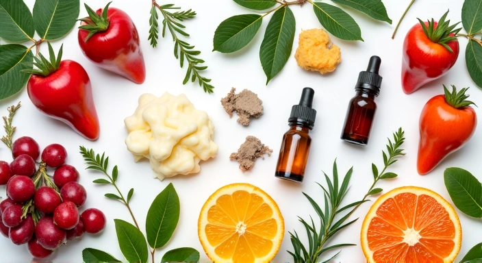 Illustration of various natural ingredients like herbs, fruits, and oils