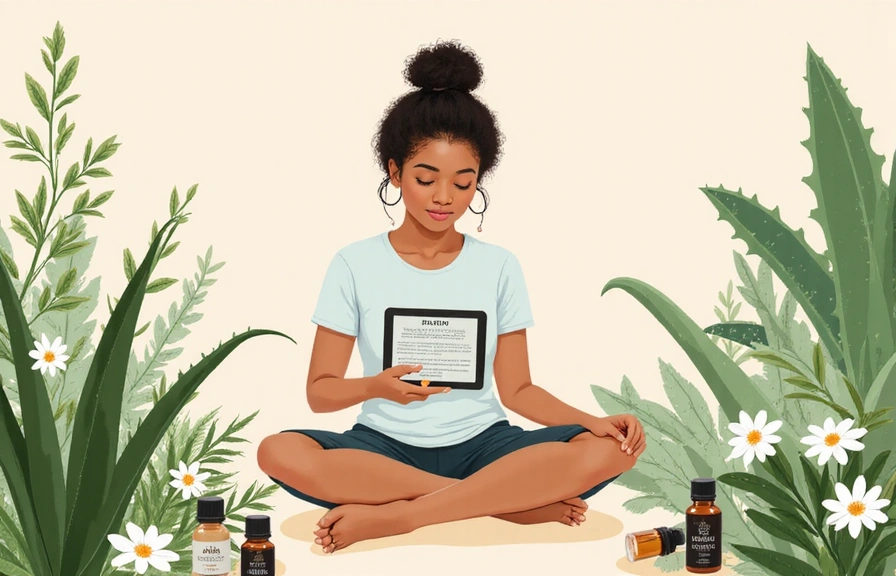 Illustration of a person reading a blog on health and beauty with natural elements
