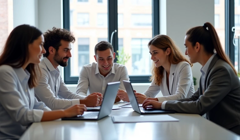 Dermaqavion team discussing customer inquiries in a modern office setting