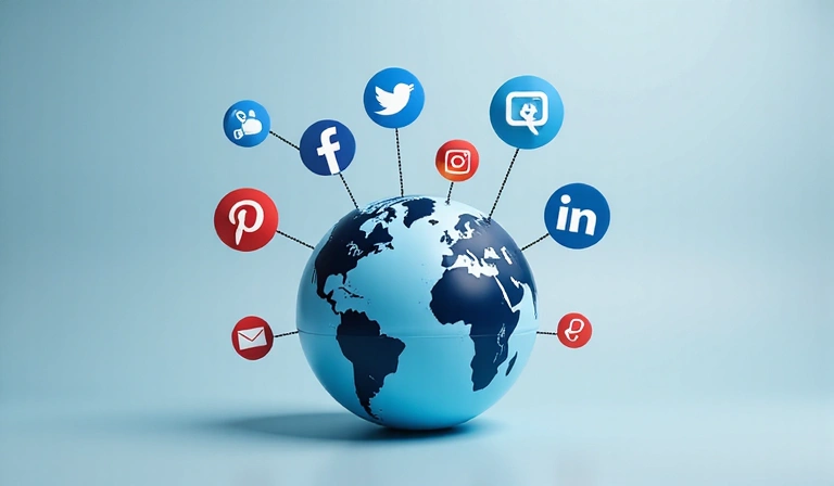 Social media icons floating around a globe, representing global connection