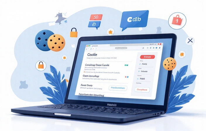 A laptop displaying cookie settings on a website, with various cookies icons floating around, symbolizing data privacy and user choices.