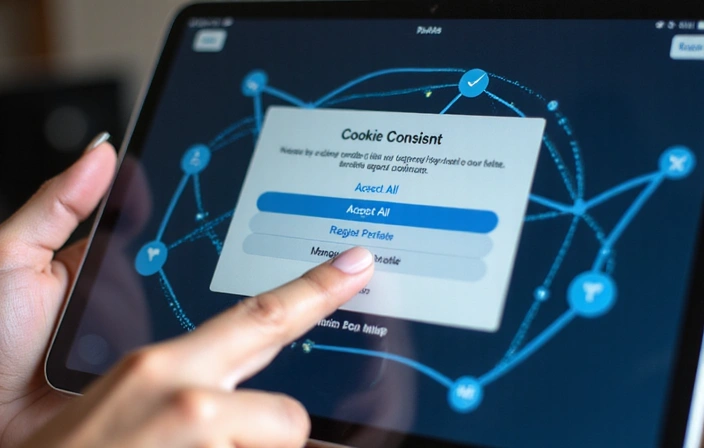 A hand interacting with a digital interface showing cookie consent options, with privacy shields and data flow visuals.