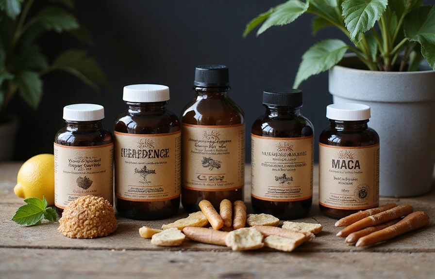 A collection of natural health supplement bottles and ingredients for men's health, such as ginseng, maca, and vitamins, arranged aesthetically on a rustic wooden table, with soft, natural lighting. No text or inscriptions.
