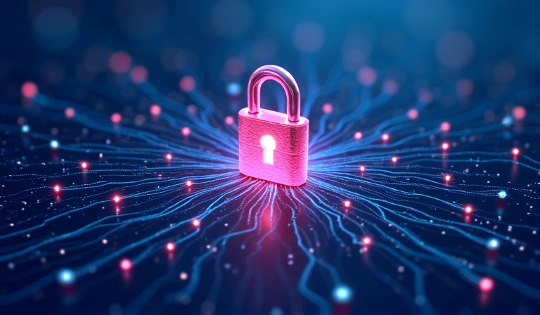 Digital privacy concept with padlock and data flow