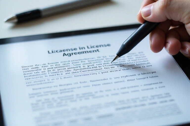 Digital license agreement document with a pen and signature